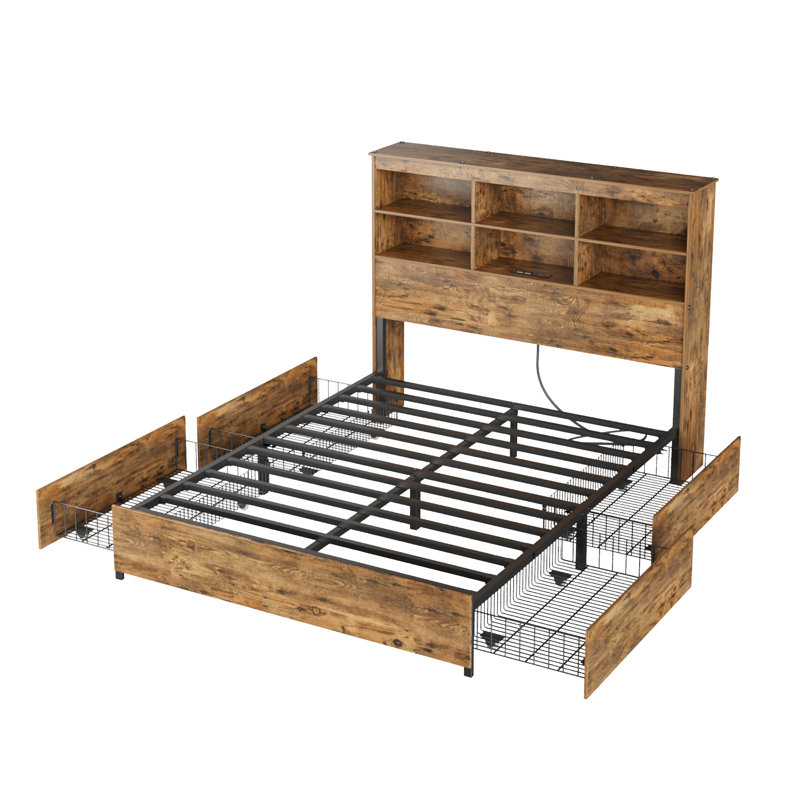Lit plateforme rustique avec tiroirs de rangement et station de charge, base de lit en bois avec tête de lit haute, ports USB, meubles de chambre à coucher de ferme, support de lattes robuste, aucun sommier nécessaire