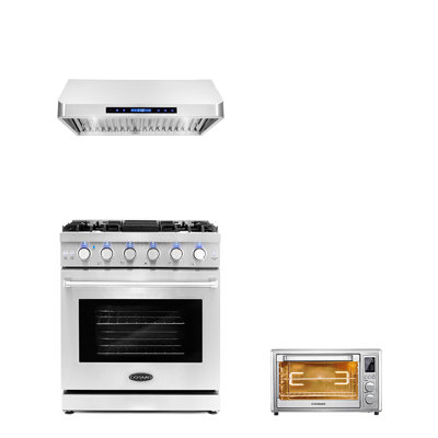 3 Piece Kitchen Appliance Package with 30"" Freestanding Gas Range 30"" Under Cabinet Range Hood & 20"" Electric Air Fryer Toaster Oven -  Cosmo, COS-3PKG-232