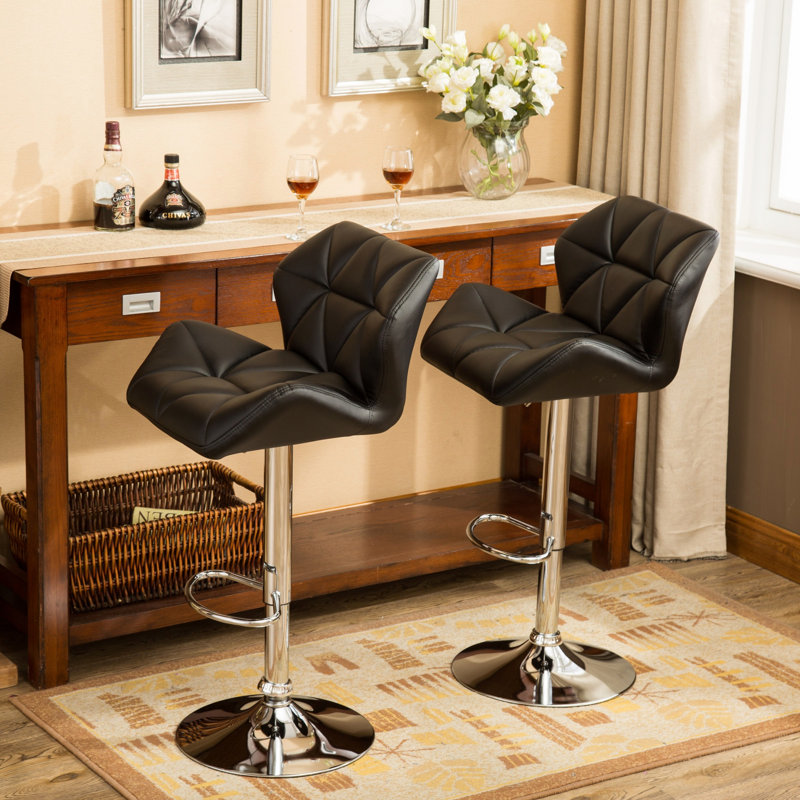 Contemporary Tufted Adjustable Height Hydraulic Bar Stools, Set Of 2, With Swivel Seat And Stable Base, Black