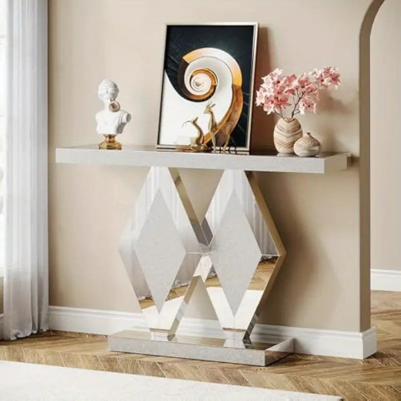 Console à miroir de 47 po, table de hall d'entrée moderne argentée avec base à double losange, table de canapé en verre avec finition en miroir, table d'appoint longue et étroite pour le vestibule du salon