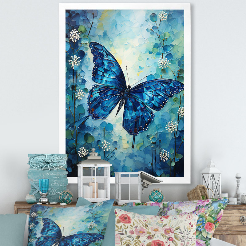 " Butterfly Sapphire Flutter ", 40" H x 30" W x 1.5" D, White Picture Framed