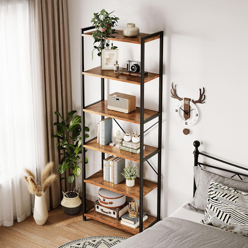 6 Tier Tall Bookshelf, Modern Wood Bookcase Shelves for Bedroom, Industrial Display Shelf for Living Room, Vintage