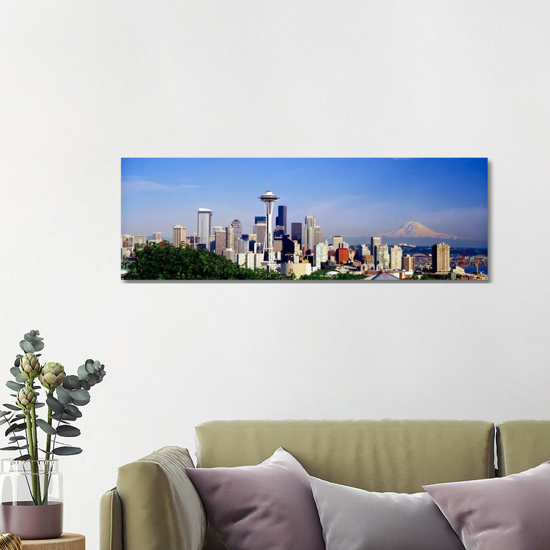 Downtown Skyline With Mount Rainier In The Distance, Seattle, King County, Washington, USA - Wrapped Canvas Panoramic Print