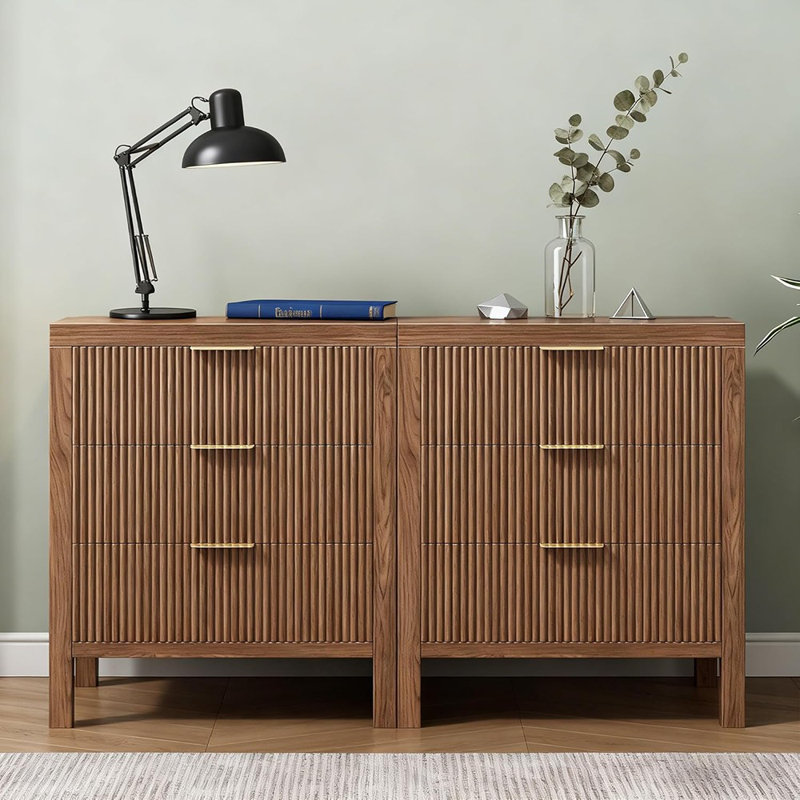 Ensemble de tables de chevet cannelées en bois avec 2 tiroirs et 6 grandes tables de bout Boho pour le salon de la chambre à coucher - Noyer