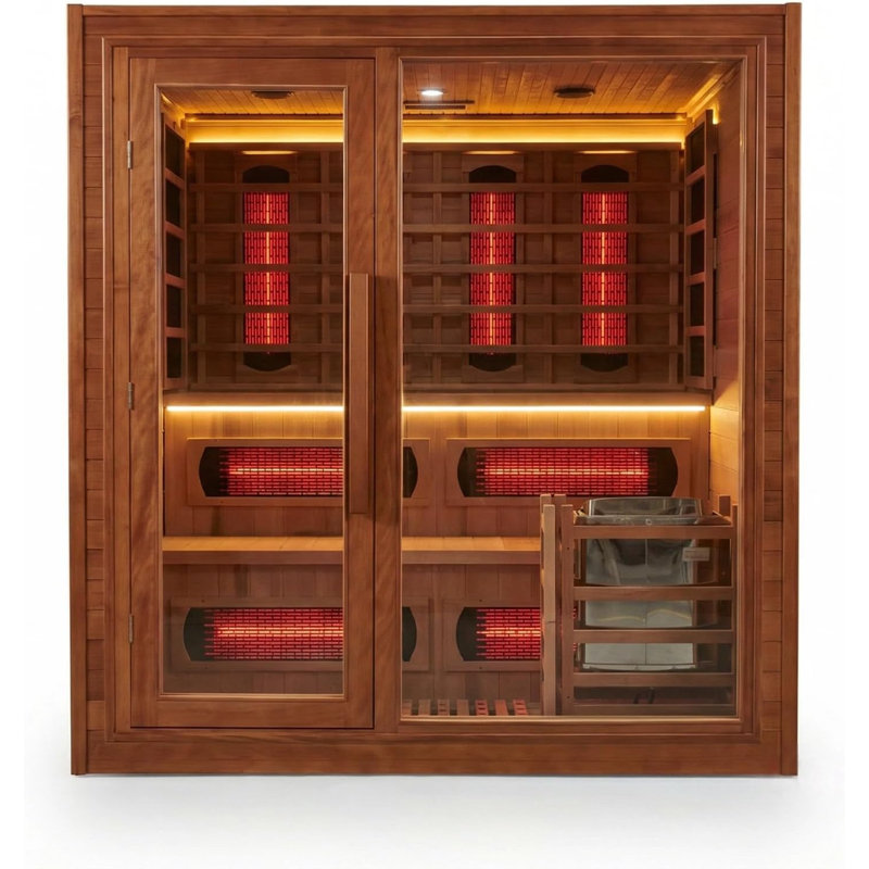 ZONEMEL Indoor Luxury Sauna – Dual Dry & Wet System, Canadian Red Cedar, Infrared Carbon Heating, 4-5 Person, 220V, 6KW Harvia Stove, WiFi, 10 Heaters, LED Ambient Lights, 71″W × 59″D × 74.8″H