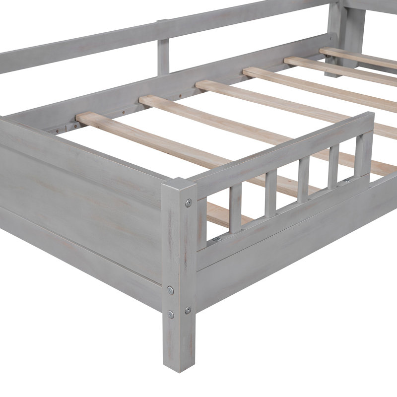 Lit plateforme en bois avec tête de lit à DEL et garde-corps intégrés, Gris antique