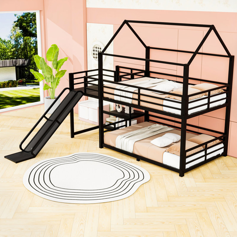 Metal House Bunk Bed With Slide And Storage Stairs, Full Over Full