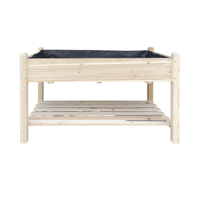 Elevated Wooden Raised Garden Bed with Storage Shelf & Liner