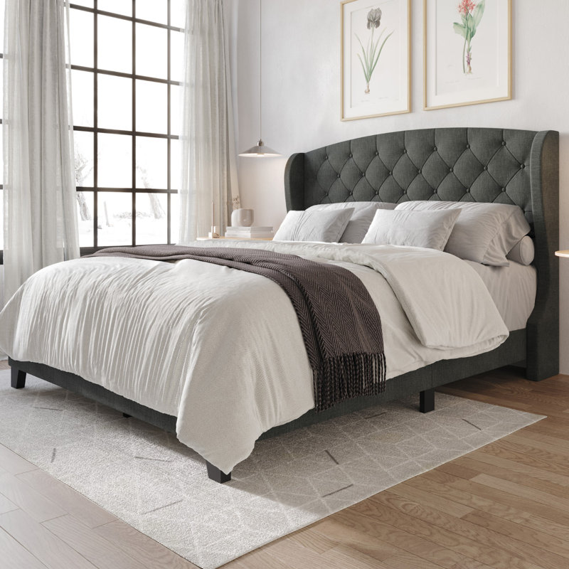 Arieya Upholstered Wingback Bed, King, Charcoal Gray
