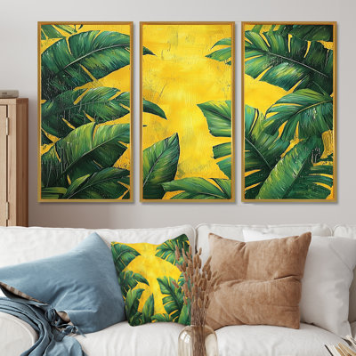 Green Tropical Safari Leaves II - Leaves Canvas Wall Art - 3 Panels