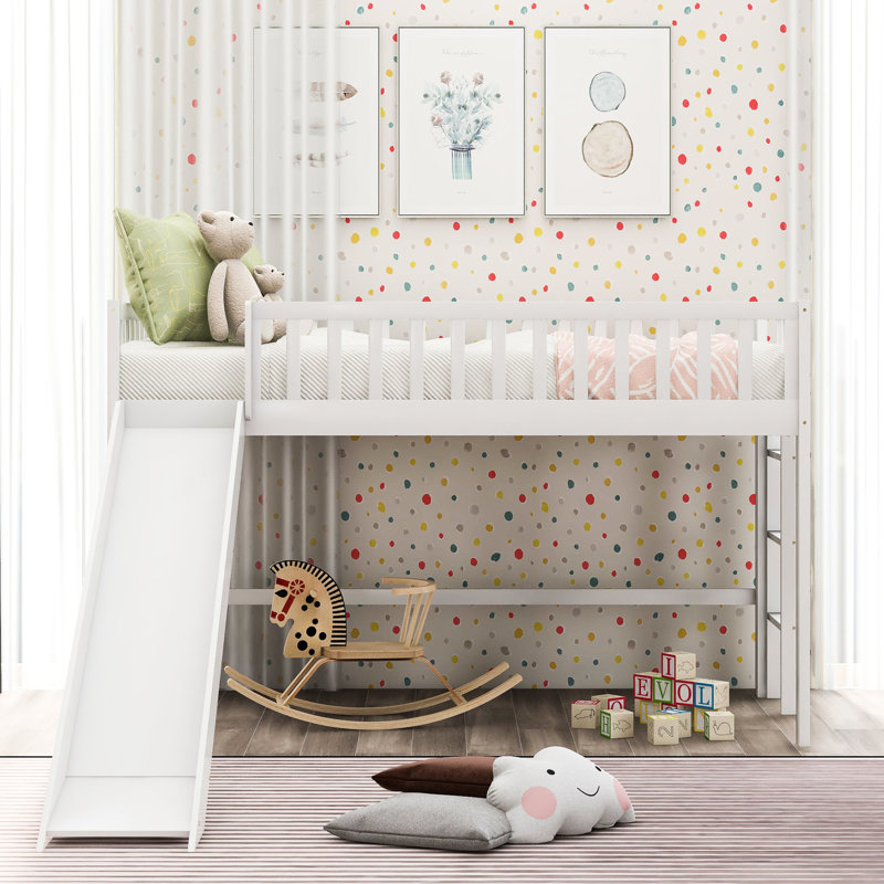 Lit mezzanine bas blanc simple avec glissoire de divertissement, Twin, White