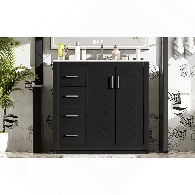 Ensemble de meuble-lavabo 36 po avec lavabo en céramique, armoire de rangement en bois massif, ensemble de meuble-lavabo autoportant avec 3 tiroirs et portes à fermeture douce