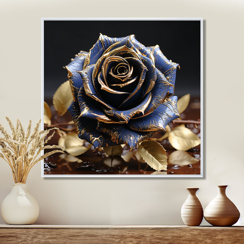 Décoration murale dorée «Golden Glam» - Rose, Toile encadrée flottée blanche, H 16 po x l 16 po x P 1 po
