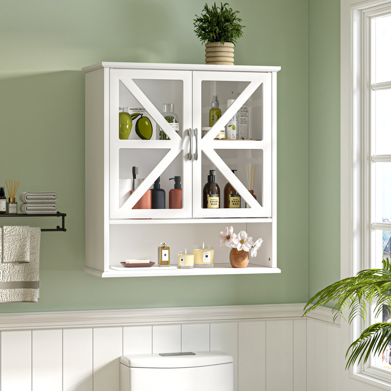 Armoire de salle de bain murale en bois blanc avec tablette réglable, portes doubles en forme de X en acrylique et armoire à pharmacie avec rangement ouvert