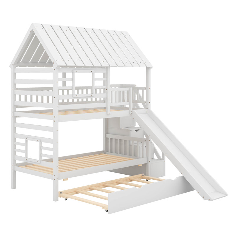 Twin Over Twin Bunk Bed With Trundle And Slide, White