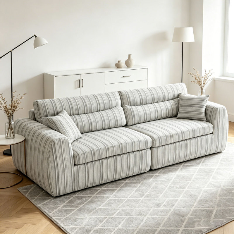 Canapé tissé à rayures en chenille, Blanc doux, taupe