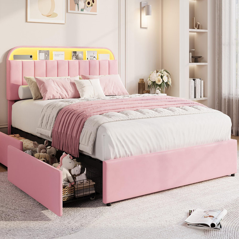 Grand / double / simple lit en velours avec tête de lit réglable et rangement à 2 tiroirs avec plateforme et sommier sans assemblage facile pour la chambre à coucher