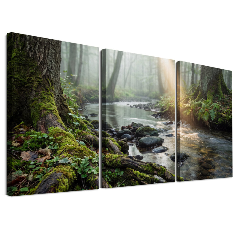 «Misty Forest Stream with Sunlight», ensemble de 3 toiles murales, H 18 po x l 12 po x 3 pièces