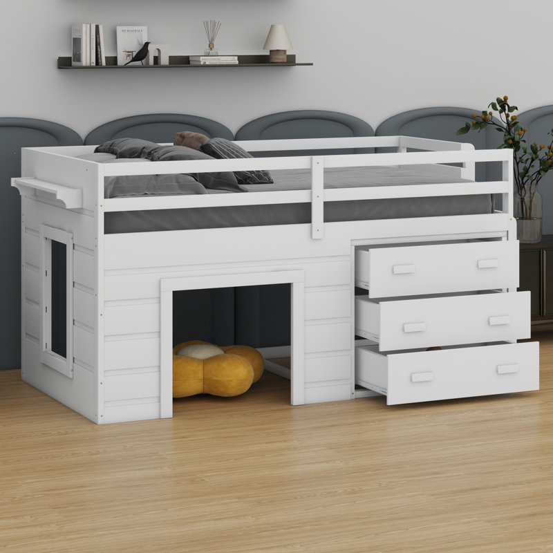 Lit mezzanine avec tiroirs et tablette, White