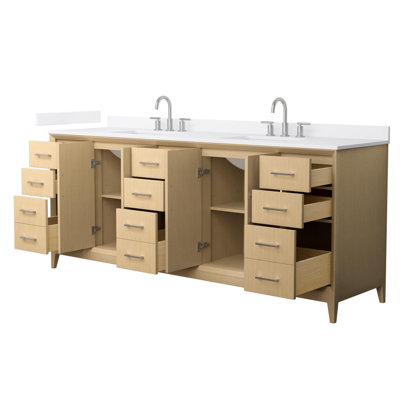 Meuble-lavabo double 84 po Janna en chêne blanc, comptoir en marbre de culture blanc, lavabos carrés encastrés (3 trous), garniture en nickel brossé