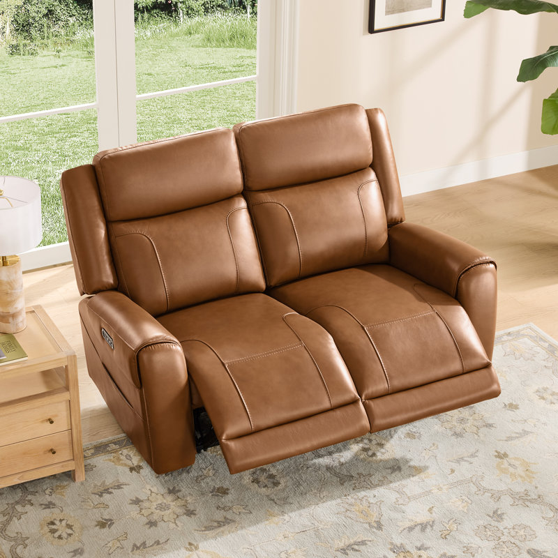 2-Seat Dual Motor Genuine Leather zero clearence recliner Power Recliner Sofa With Power Headrest, Saddle