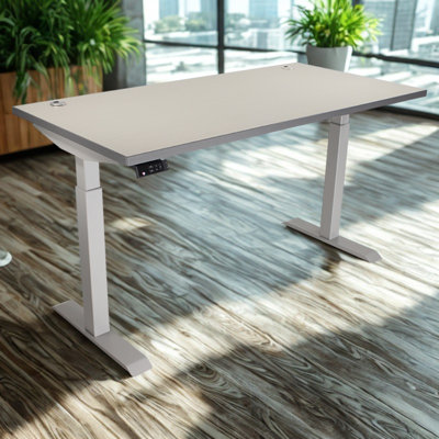 Skyscraper Electric Height Adjustable Standing Desk, Dual Motor and Digital Control with Memory, 60x30, Grey Strand Top with Brushed Silver Frame