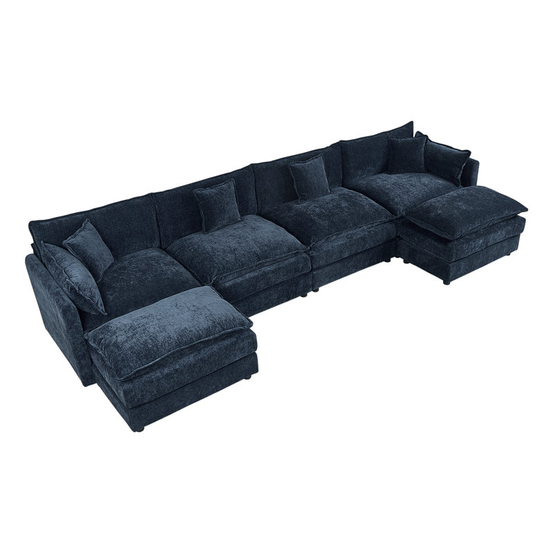 Modern Chenille Loveseat Sofa Couch With Ottoman, 33.85" H x 147.22" W x 35.82" D, Blue Chenille