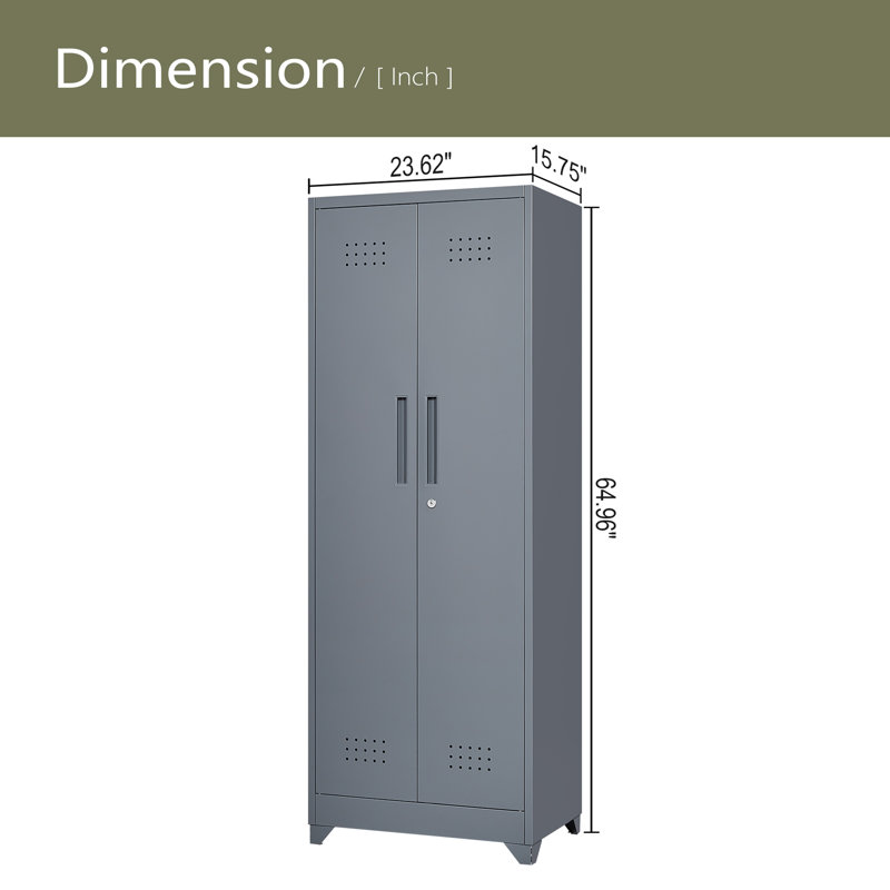 Armoire de rangement à balais avec portes et tablettes verrouillables, armoire de rangement en métal de 65 po de hauteur avec tringle et crochets en S