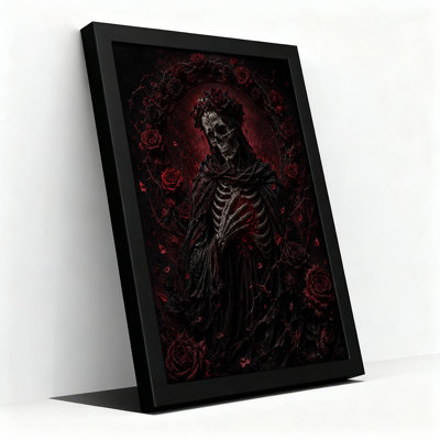 «Black Robed Skeleton tenant une rose rouge»