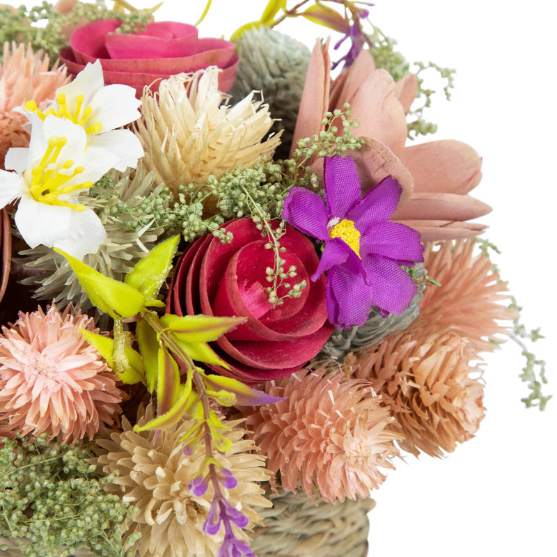 7" Multicolor Fabric and Wood Spring Floral Arrangement in Woven Pot