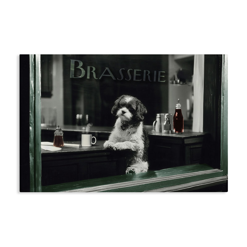 Brasserie, chien rétro dans une toile de fenêtre, design par Annabelle Hall, H 16 po x l 24 po
