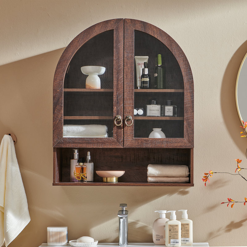  Armoire murale de salle de bain arquée Ahart avec 2 portes en verre et tablette ouverte de 23,6 po, Brun, 1