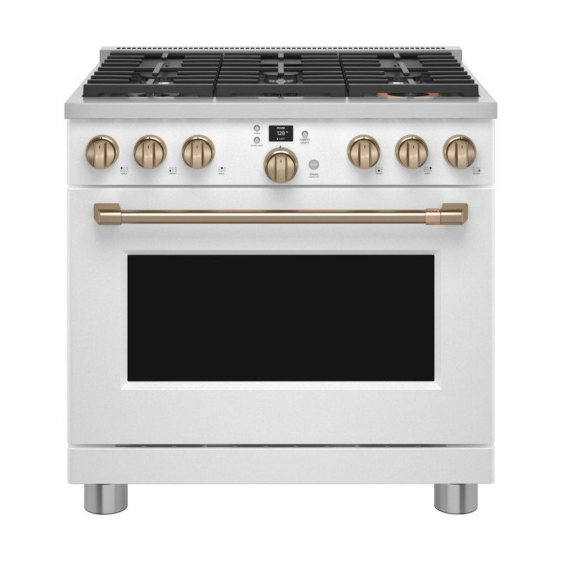 Café 36" Smart Dual-Fuel Commercial-Style Range With 6 Burners (Natural Gas), Matte White, Brushed Bronze