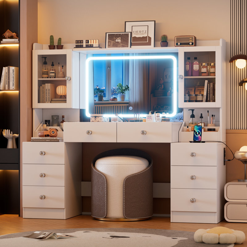 55.1" Large Vanity Desk With Mirror And Lights, Makeup Vanity With Power Outlet And 8 Drawers, White