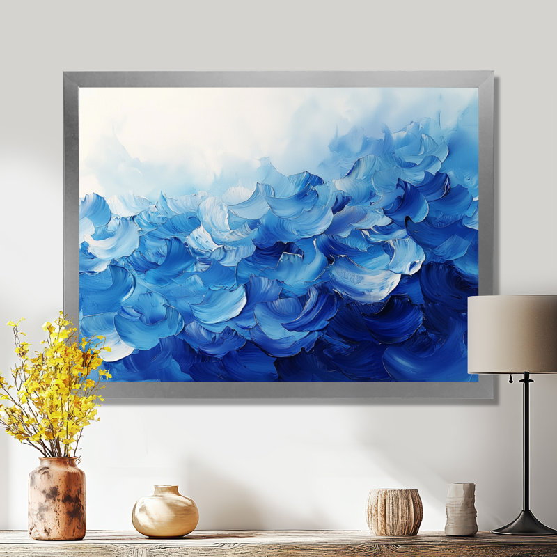 Bleu et blanc délicats pétales de fleurs II - fleurs abstraites grand art mural, H 30 po x l 40 po, Argent argent
