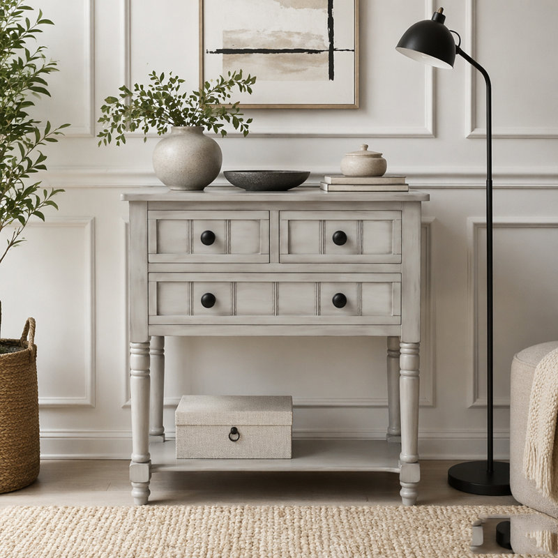 Console étroite avec trois tiroirs de rangement et une tablette inférieure, Grey Wash
