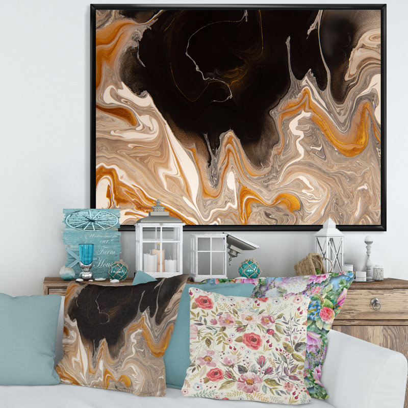 Vagues de marbre brun et noir - Peinture sur toile, H 12 po x l 20 po, Cadre flottant noir