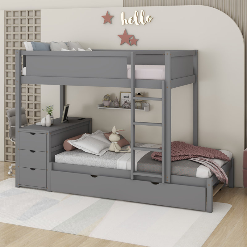 Lit superposé simple au-dessus de simple avec lit gigogne simple, rangement et bureau, Gris