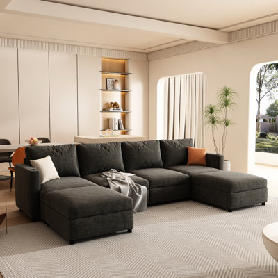 Canapé modulaire moderne avec rangement, canapé en tissu de chenille en forme de U 6 pour le salon, grand lit modulaire de 123 po
