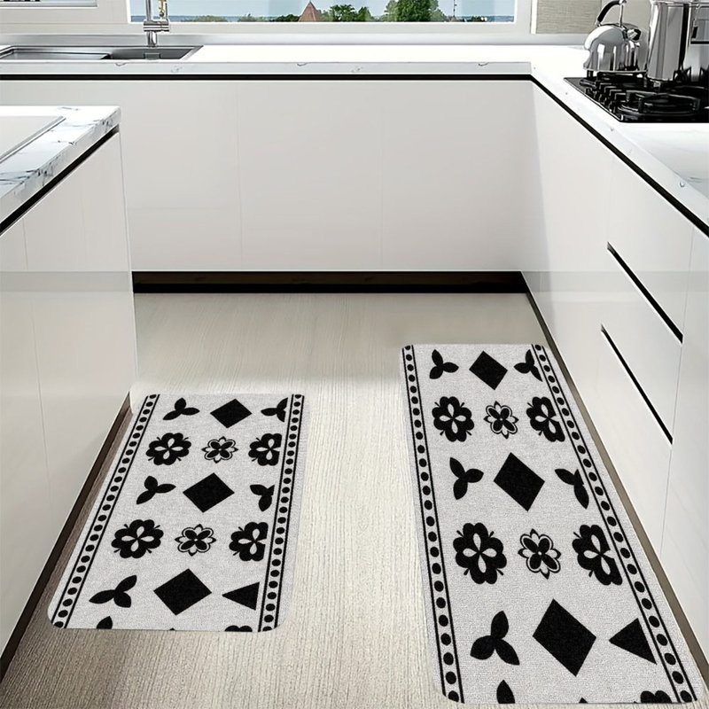 Black Floral Geometric, Kitchen Mats Set of 2, Black Floral