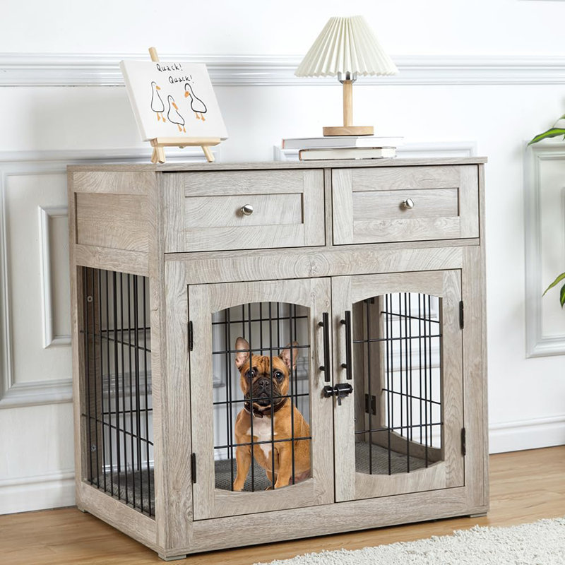 Mobilier pour cage de chien avec coussin, table en bois pour caisse de chien avec 2 tiroirs, Gris
