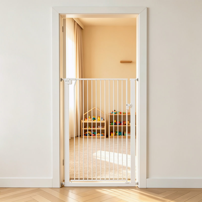 Barrière de sécurité extra haute réglable de 142 cm (56 po) pour chats et chiens - Ensembles de fixation par pression et murale, espacement réduit des barreaux, barrière de sécurité pour escaliers et portes d'intérieur
