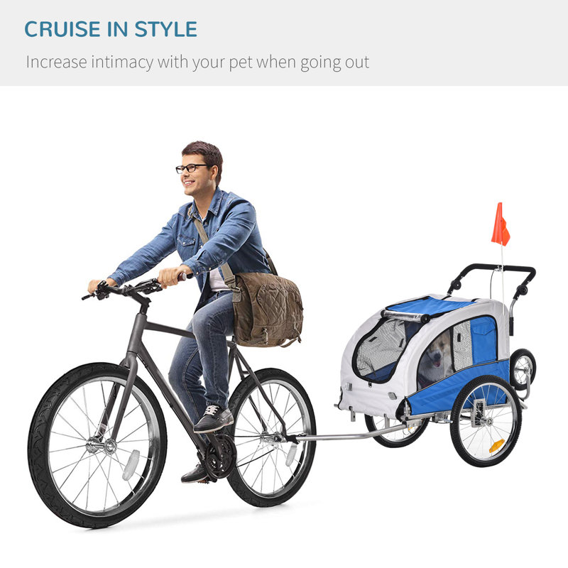Blue 2-in-1 Pet Bike Trailer and Stroller with Canopy