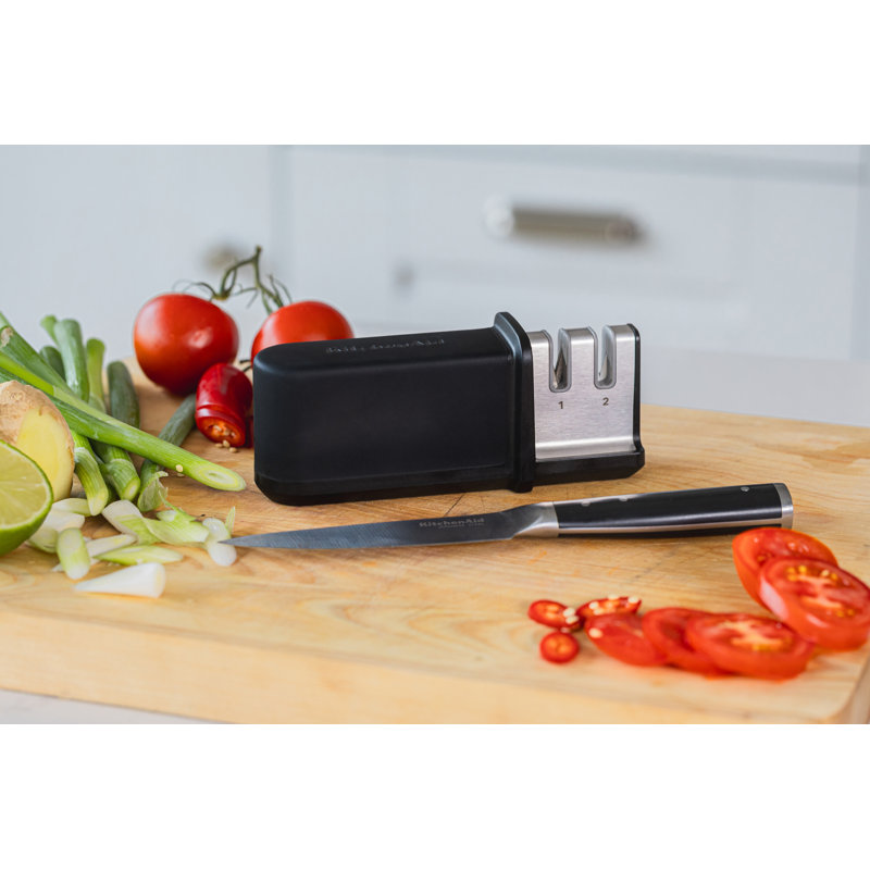 KitchenAid 2-Stage Handheld Knife Sharpener, Soft-Grip Handle, Non-Slip Base, Repairs and Sharpens Fine-Edge Blades, Black