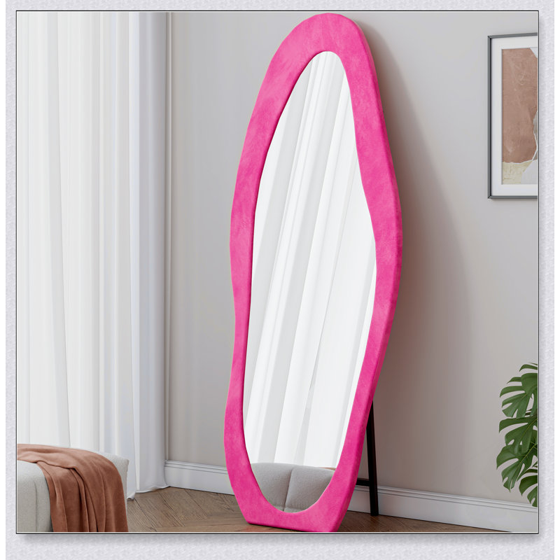 Full Length Floor Mirror With Flannel Wrapped Wooden Frame, Irregular Wavy Design For Bedrooms And Living Rooms, Pink