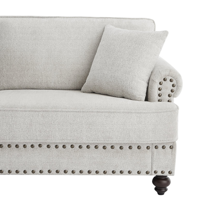 Canapé moderne en tissu d'ameublement en chenille de 61 po avec clous et accoudoirs, Blanc