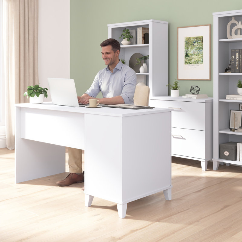 Orkurga 54” Office Desk with Drawer and Cabinet, Computer Office Desk with Storage, Modern Wood, White, White