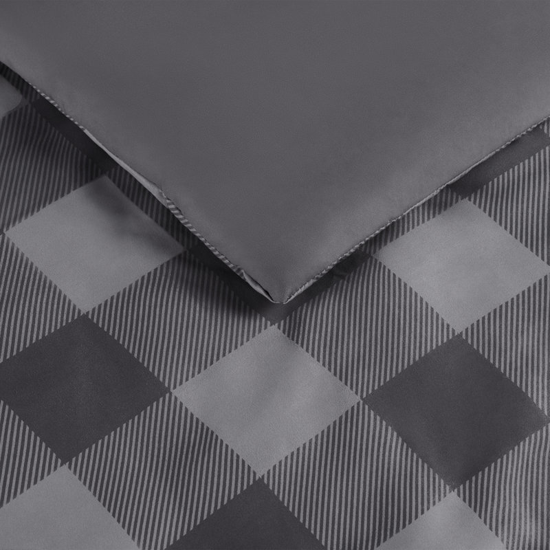 Serta Simply Clean Alex Buffalo Check Plaid Antimicrobial 7-Piece Complete Bedding Set With Sheets, Charcoal, Queen Comforter