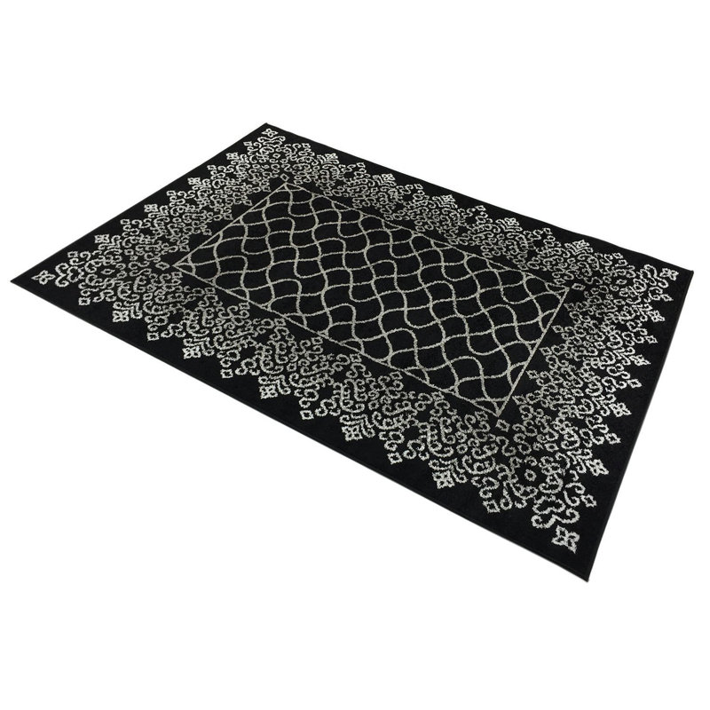 Tapis tissé à la machine à motif abstrait treillis noir, Rectangle 4 pi 11 po x 6 pi 11 po