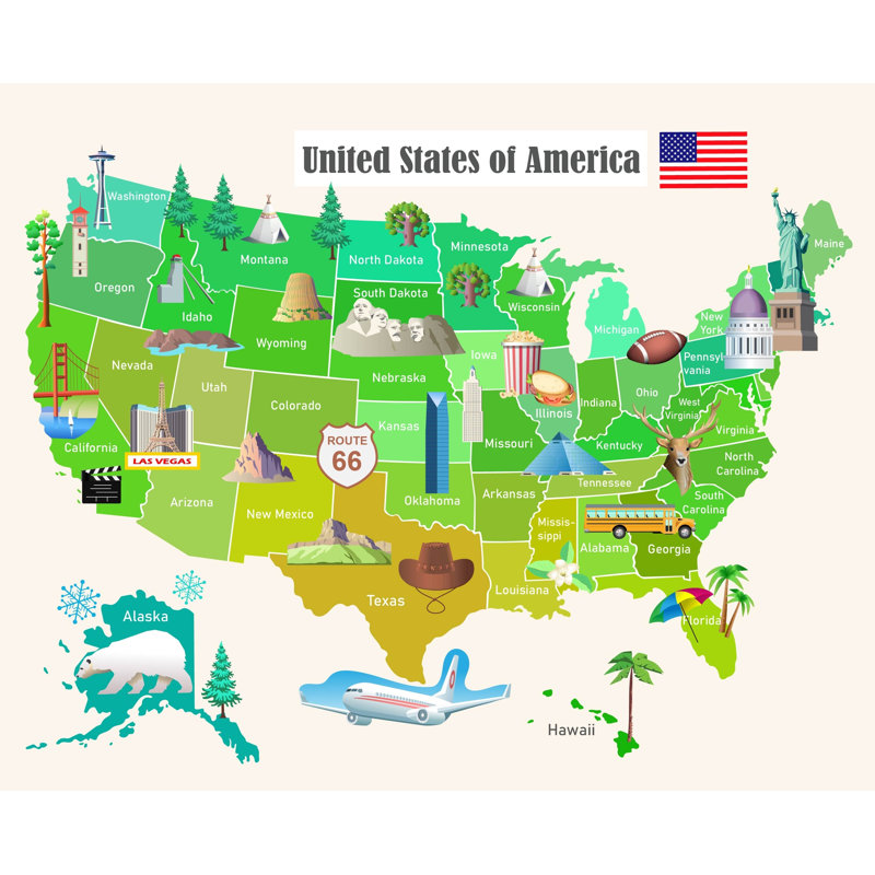 États-Unis d'Amérique, carte illustrée sur toile tendue, H 24 po x l 36 po